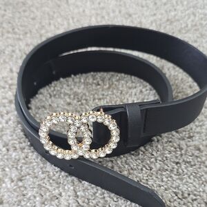 Chic Black Belt with Gold and Silver Crystal Buckle
